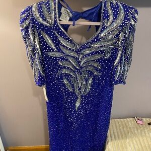 Vtg B2 & US Royal Blue and Silver Beaded Backless Dress